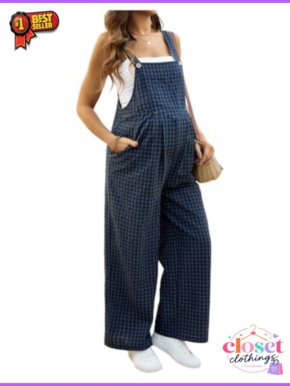 Maternity Overalls Gingham Pregnancy Wide Leg Jumpsuit